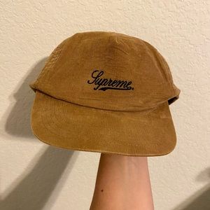 Supreme script logo brown corduroy snap back hat